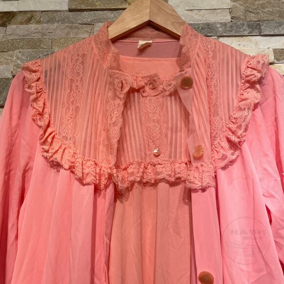 Vintage 60s Peignoir Set | Pink Nylon Nightgown + Robe, Lace Ruffles Cottage M/L - Picture 3 of 16